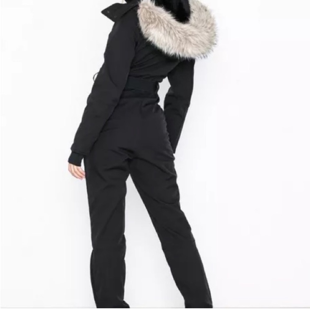 Topshop Black Ski Jumpsuit with Faux Fur Hood Trim